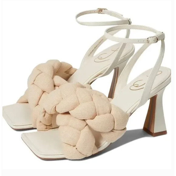 NWOT Sam Edelman Courtney Heeled Sandals 9 White Cream Braid Leather Square - Picture 1 of 11